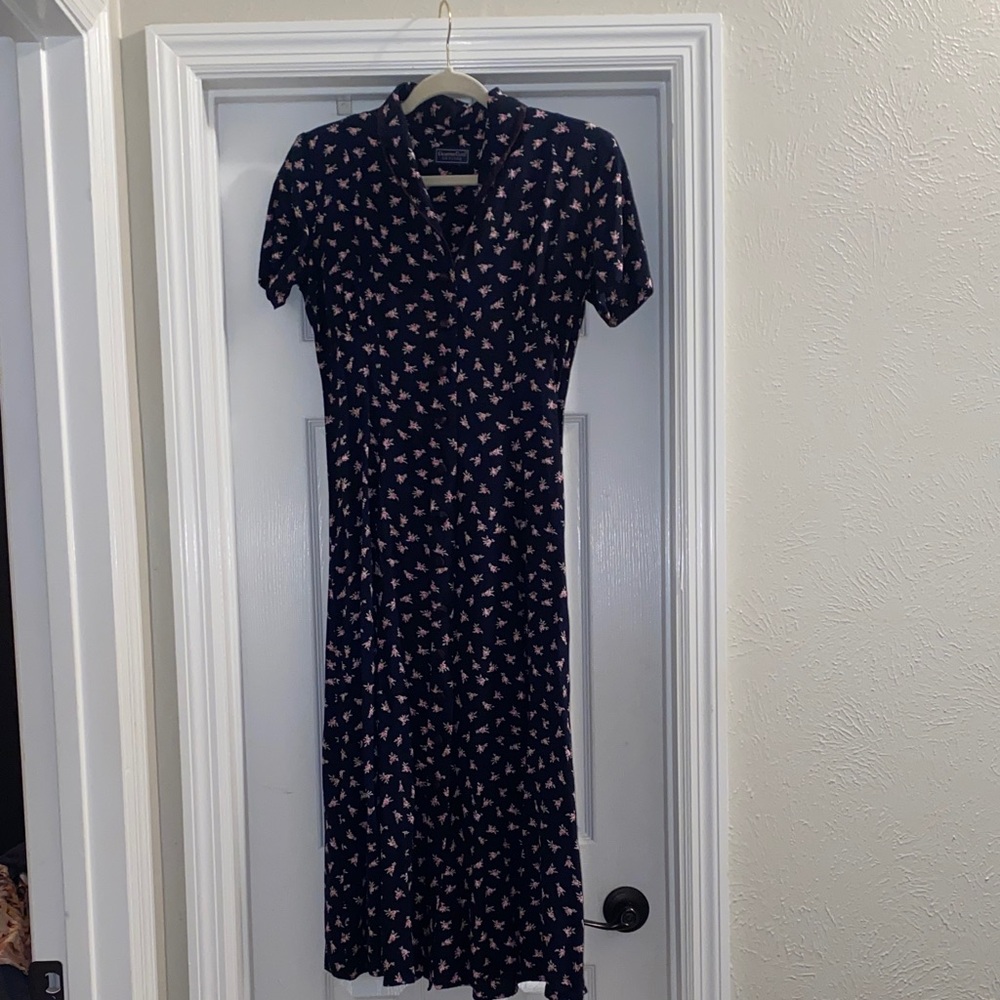 Vintage 90s Charter Club Navy and Pink Midi Dress